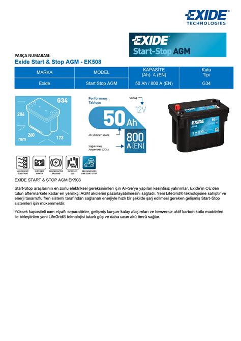 Exide EK508 Micro Hybrid Orbital AGM Kuru 12V 50 Amper