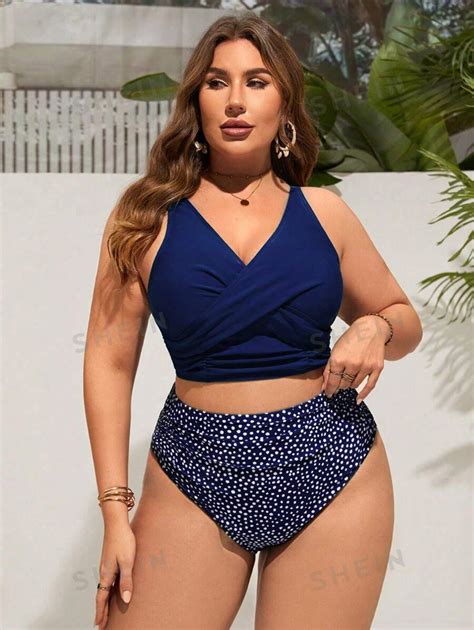 SHEIN Swim Vcay Summer Beach Plus Size Polka Dots Halter Neck Bra Bikini Bottom Swimwear Set