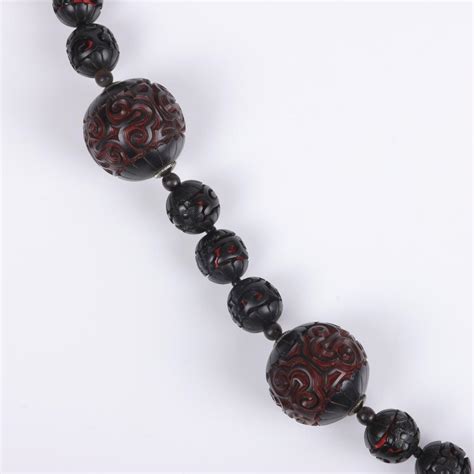 Lot Antique Chinese Carved Black And Red Cinnabar Lacquer Bead Necklace With Large Shou