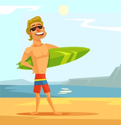 Premium Vector Happy Sexy Surfer Man With Surfing Board Flat Cartoon