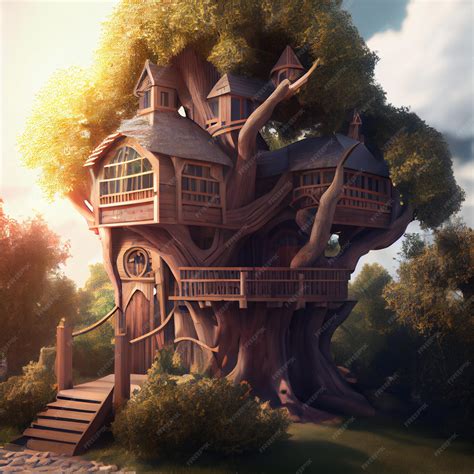 Premium Photo Luxury Tree House In The Forest 3d Render Illustration