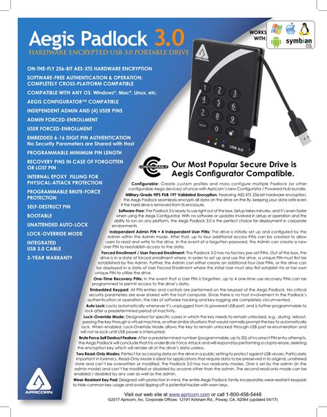 Apricorn Aegis Padlock SSD FIPS 140-2/3 256-Bit AES PIN-Authenticated External SSD — 4TB (GOV-MGMT) (A25-3PL256-4TB-GOV-MGMT)