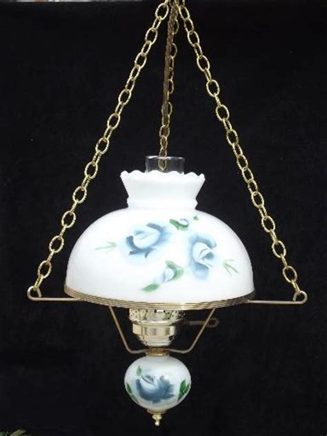 60s 70s Vintage Hanging Lamp Swag Light Hand Painted Milk Glass Shade