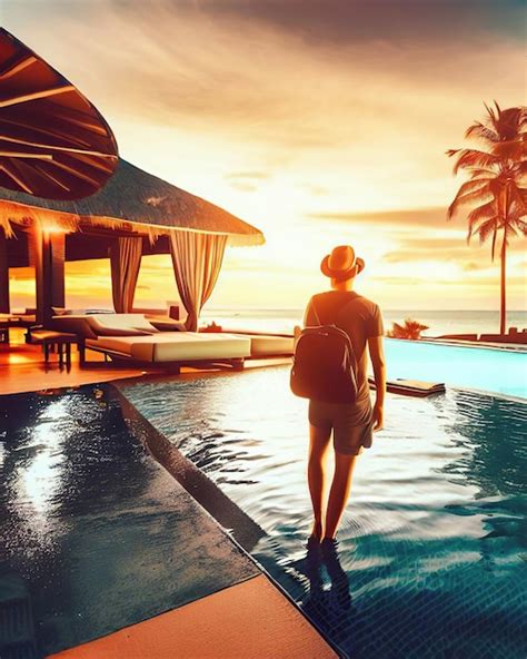 Premium Photo A Woman Is Walking Into A Swimming Pool With A Palm