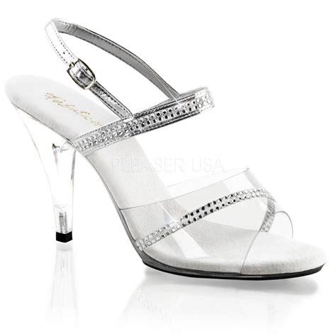 Fabulicious Caress 439 Clear Silver Metallic Pu Clear Slides 5 Clear Rhinestone Sandals