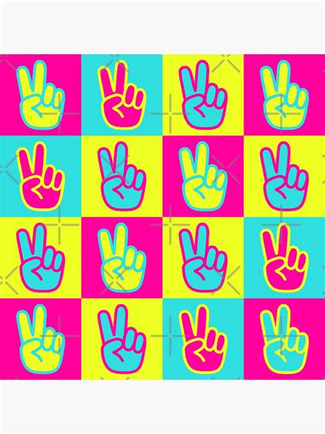 Peace Hand Symbol Pattern Neon Pink Cyan Yellow Sticker For Sale