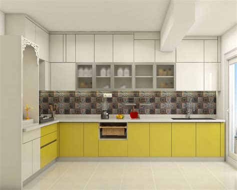 Modern L Shaped Spacious Kitchen Design With Yellow Cabinets Livspace