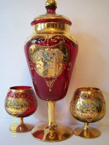 Czech Bohemian Art Glass Ruby Red 24k Gold Large Candy Dish Glasses Glass Glass Art