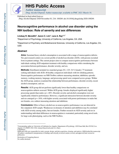 Pdf Neurocognitive Performance In Alcohol Use Disorder Using The Nih