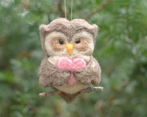 Needle Felted Owl Ornament Valentine Heart Etsy