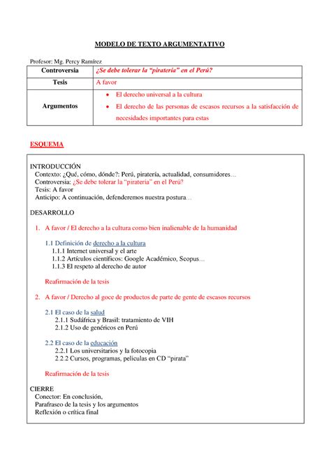 Modelo de texto argumentativo con definición y generalización MODELO