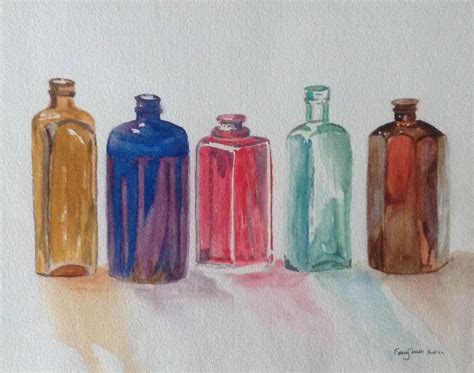 Watercolour Of Reflections In Glass Bottles By Fran Jones From A Photo