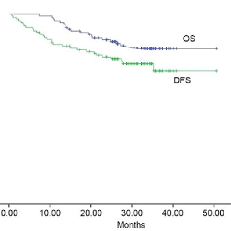 Kaplan Meier Estimator Curve Of Os And Dfs Os Overall Survival Dfs Download Scientific