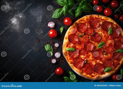 Delicious Pepperoni And Basil Pizza On Black Surface Tasty Pepperoni