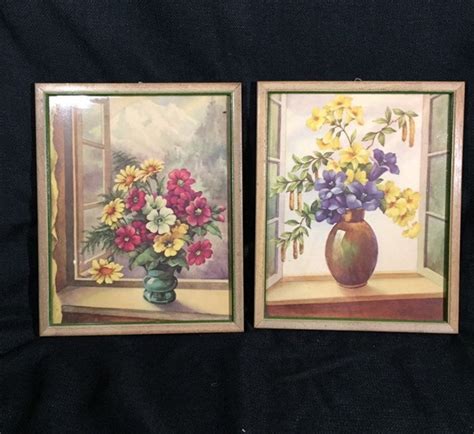 Pair Antique Framed Floral Prints 12x10 Framed Prints Colorful Floral