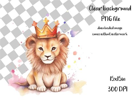 Watercolour Baby Lion King PNG Cute Lion With Crown Clipart Etsy