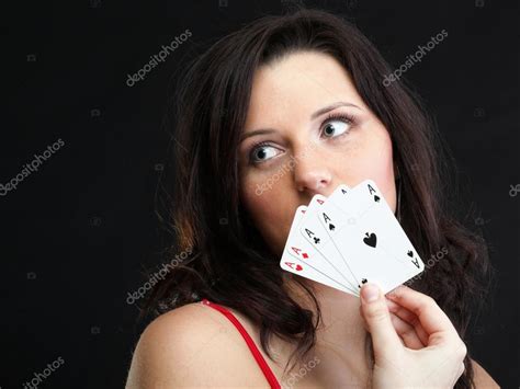 Woman Holding Playing Cards Black Background — Stock Photo © Anetlanda