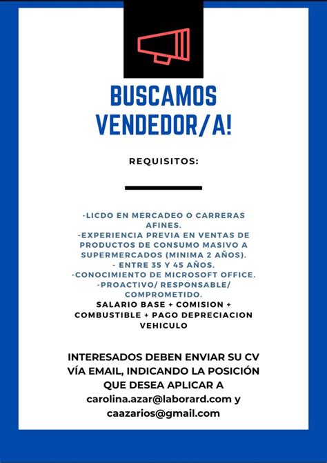 se solicita vendedora requisitos experiencia previa en ventas de