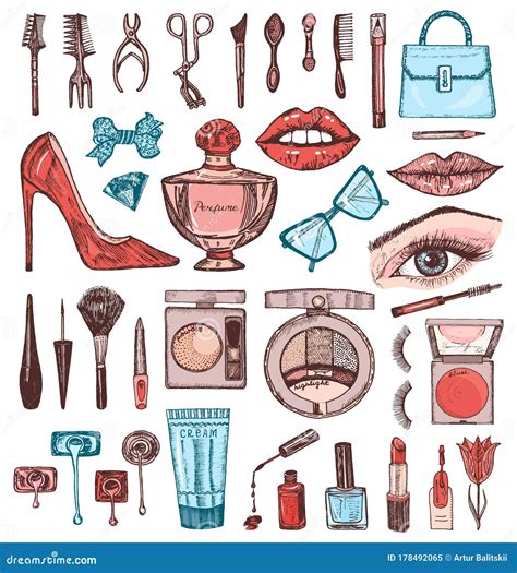 Cosmetics For Makeup Set Doodle A Collection Of Female Products