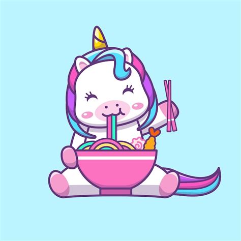 Ilustração De Desenho Animado De Unicórnio Kawaii Fofo Comendo Macarrão