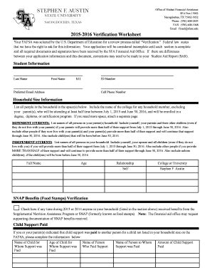 Fillable Online Sfasu Verification Worksheet Stephen F