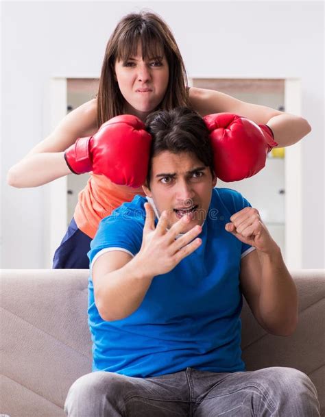 Wife Unhappy That Husband Is Watching Boxing Stock Image Image Of