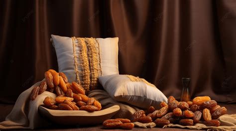 Arrangement With Falling Ramadan Pillows And Dried Dates Background