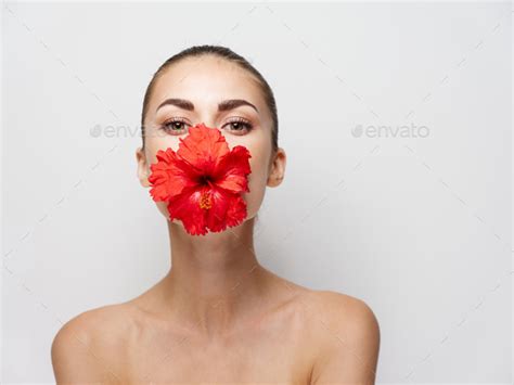 Pretty Woman Naked Shoulders Red Flower Face Light Background Stock