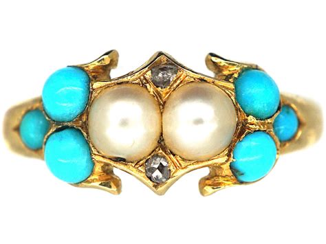 Regency 15ct Gold Turquoise Natural Split Pearl Rose Diamond Ring