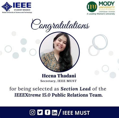 Ms Heena Thadani Selected As Section Lead Of IEEE Xtreme 15 0 Public