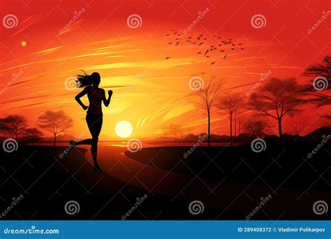 Drawing Silhouette of Running Girl Running at Sunset Stock Photo ...