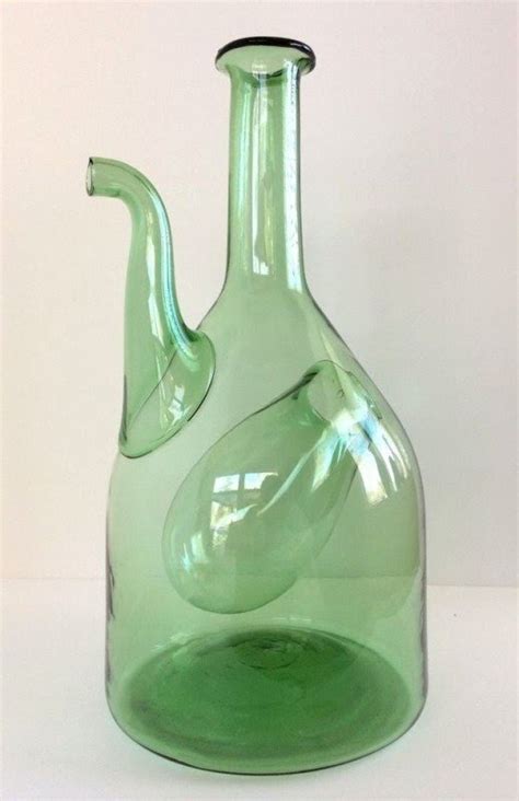 Green Italian Vintage Handblown Glass Wine Porron Pitcher Decanter