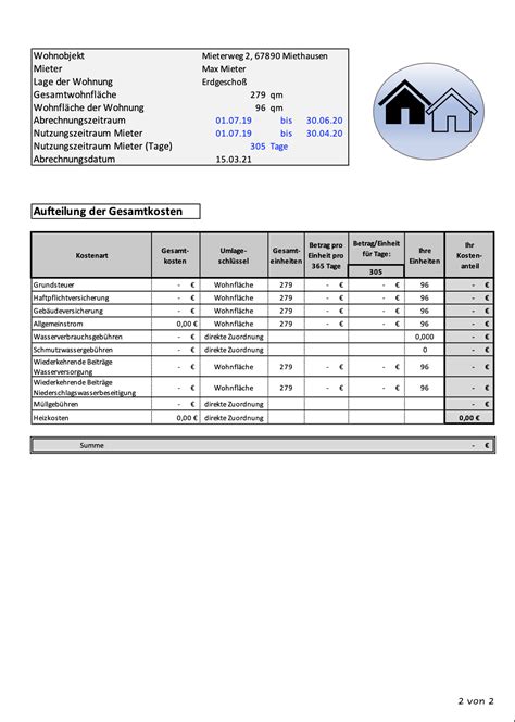 Excel Vorlage Betriebskostenabrechnung Nebenkostenabrechnung