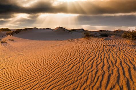 Puesta de sol sobre las dunas de arena en el desierto paisaje árido del