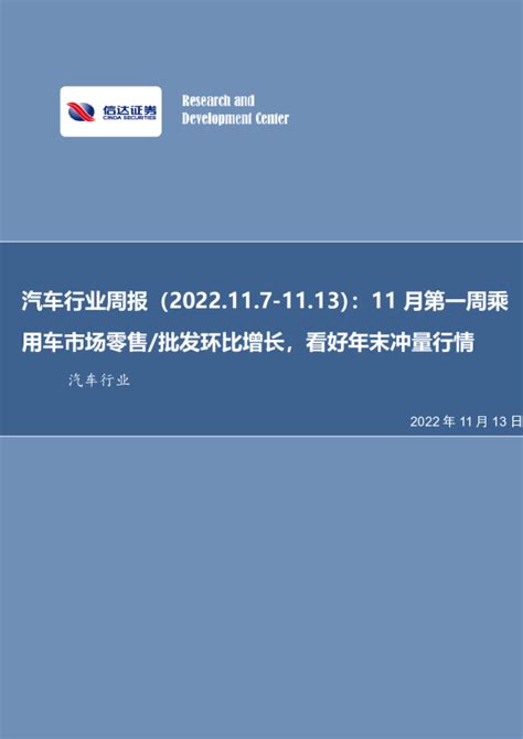 汽车行业周报：11月第一周乘用车市场零售／批发环比增长，看好年末冲量行情