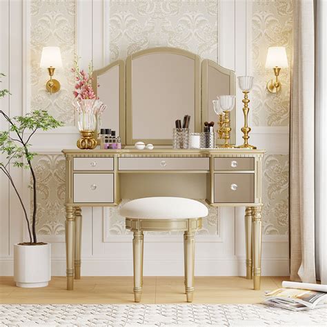 Euroco Vanity Set With Tri Fold Mirror Dressing Table Set With Mirrored