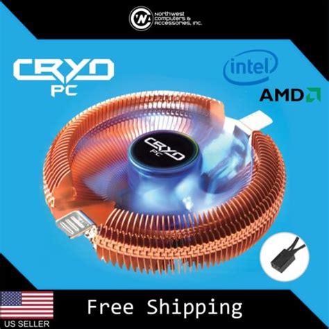 Cryo PC Low Profile Copper CPU Cooler Heatsink With Blue 90mm Fan For