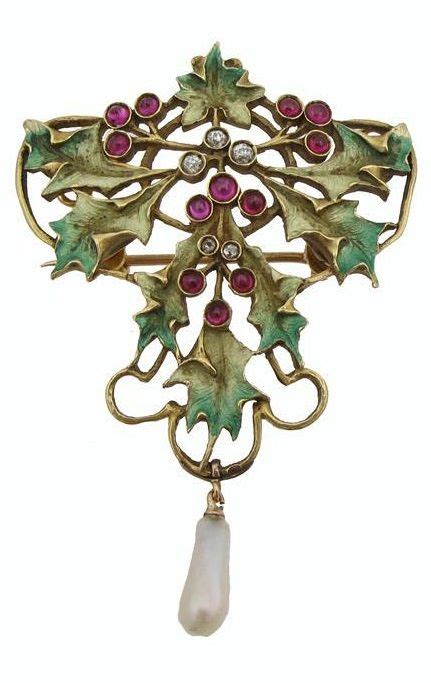 Art Nouveau Holly And Mistletoe Brooch Made Of Rubies Diamonds Gold