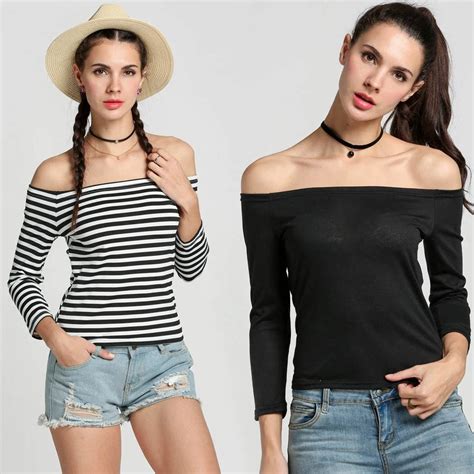 Buy Sexy Women Off Shoulder Slash Neck T Shirt Sleeve Shirt Slim Female Tops