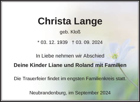 Traueranzeigen Von Christa Lange Trauer Nordkurier