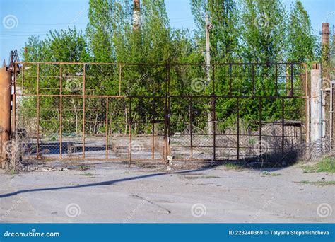 Closed Gates Made Of Pipes And Metal Mesh In An Abandoned Factory