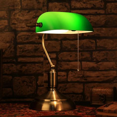 Classic Retro Green Table Lamps With Pull Chain Switch Glass Lampshade