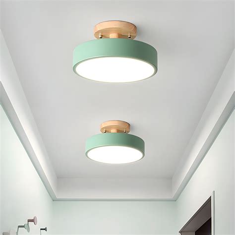 Macaron LED Semi Flush Light Fixture With Metal Shade Green Round Flush