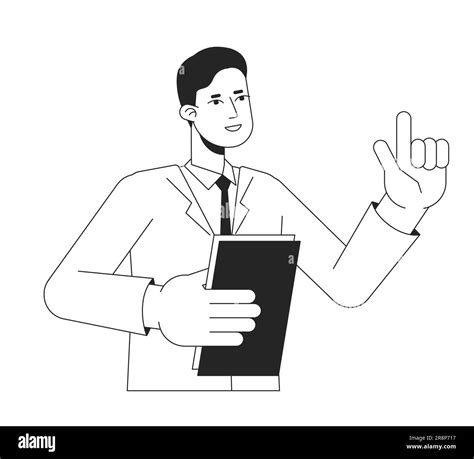 Male Tutor Explaining With Raised Finger Flat Line Black White Vector Character Stock Vector