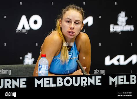 Magda Linette of Poland talks to the media after the fourth round of ...