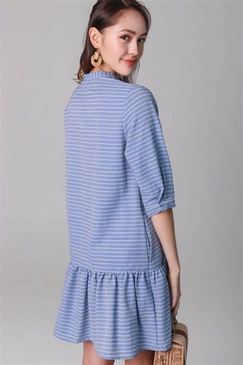 The Velvet Dolls Aimee Mandarin Collar Shirt Dress In Blue Women S