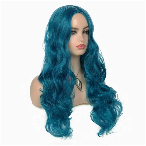 Baruisi Long Curly Wavy Blue Wigs For Women Natural Looking Middle Part