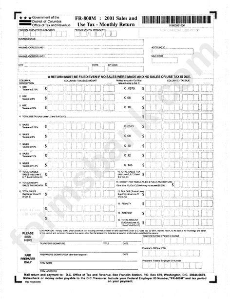 Form Fr 800m 2001 Sales And Return Use Tax Monthly Return Printable