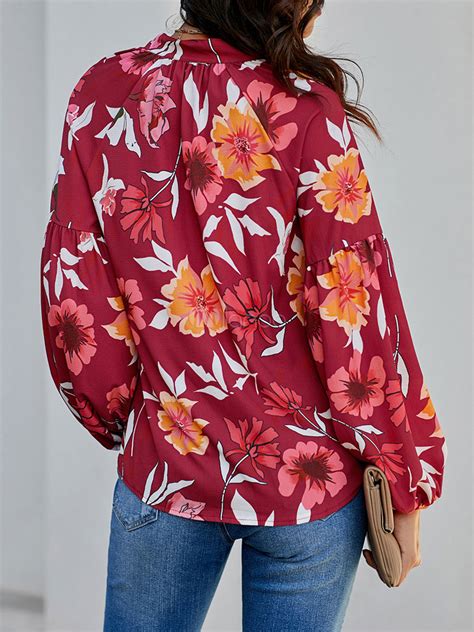 Floral Print Blouse Women Red V Neck Long Sleeves Tops