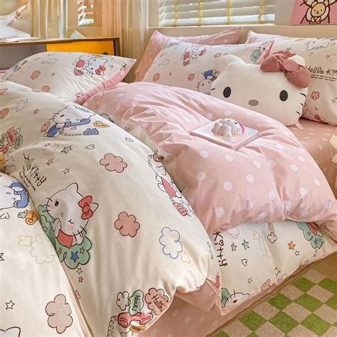 Sanrio Hello Kitty Cartoon Pure Cotton Bed Set Four Piece Kawaii